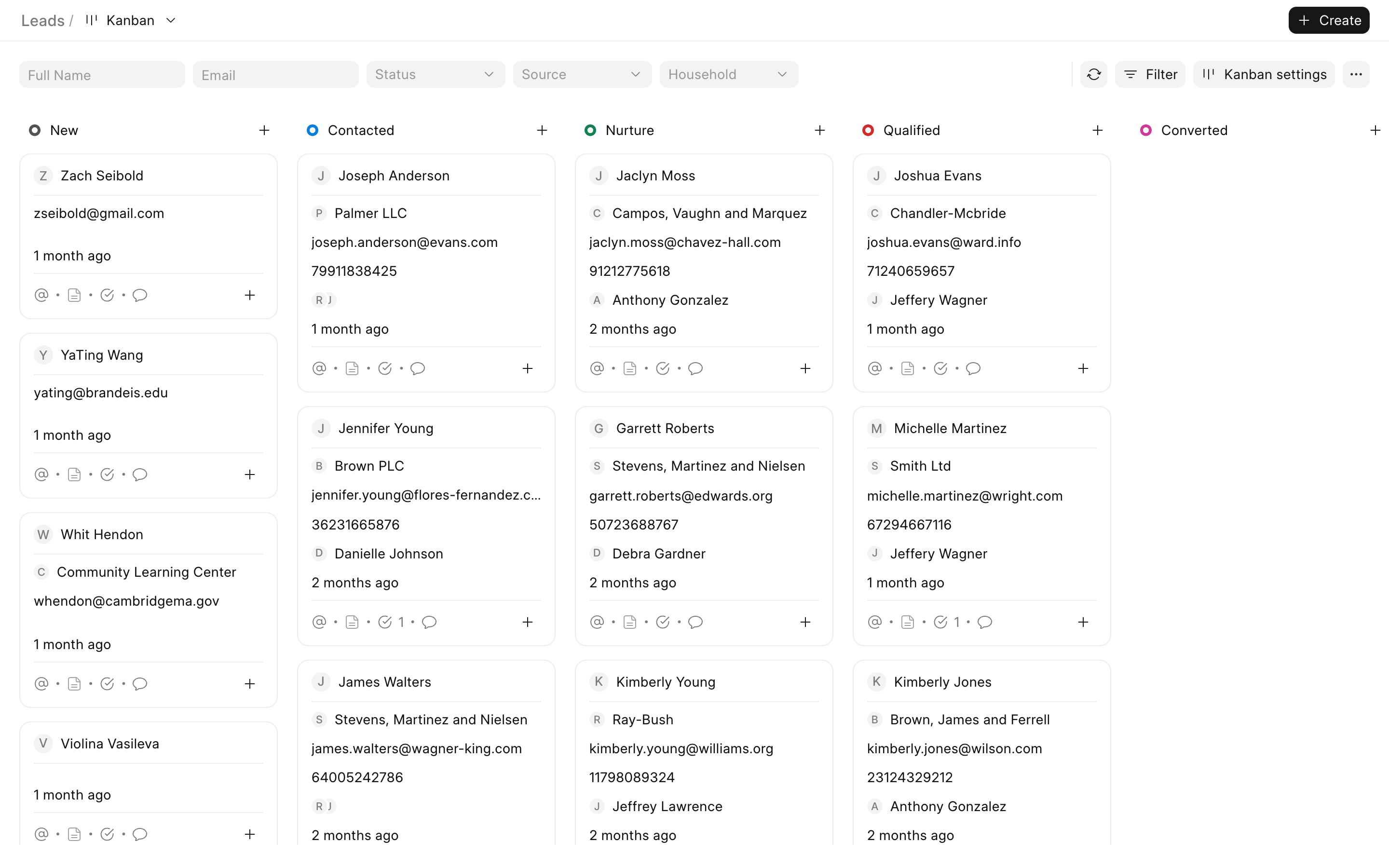 Leads on a kanban board, in the New and Contacted columns